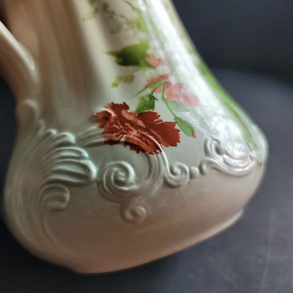 Vtg Pitcher Grandma Core Pitcher Vase Signed RS Prussia Gold Blue 9" Red Floral - Picture 11 of 14